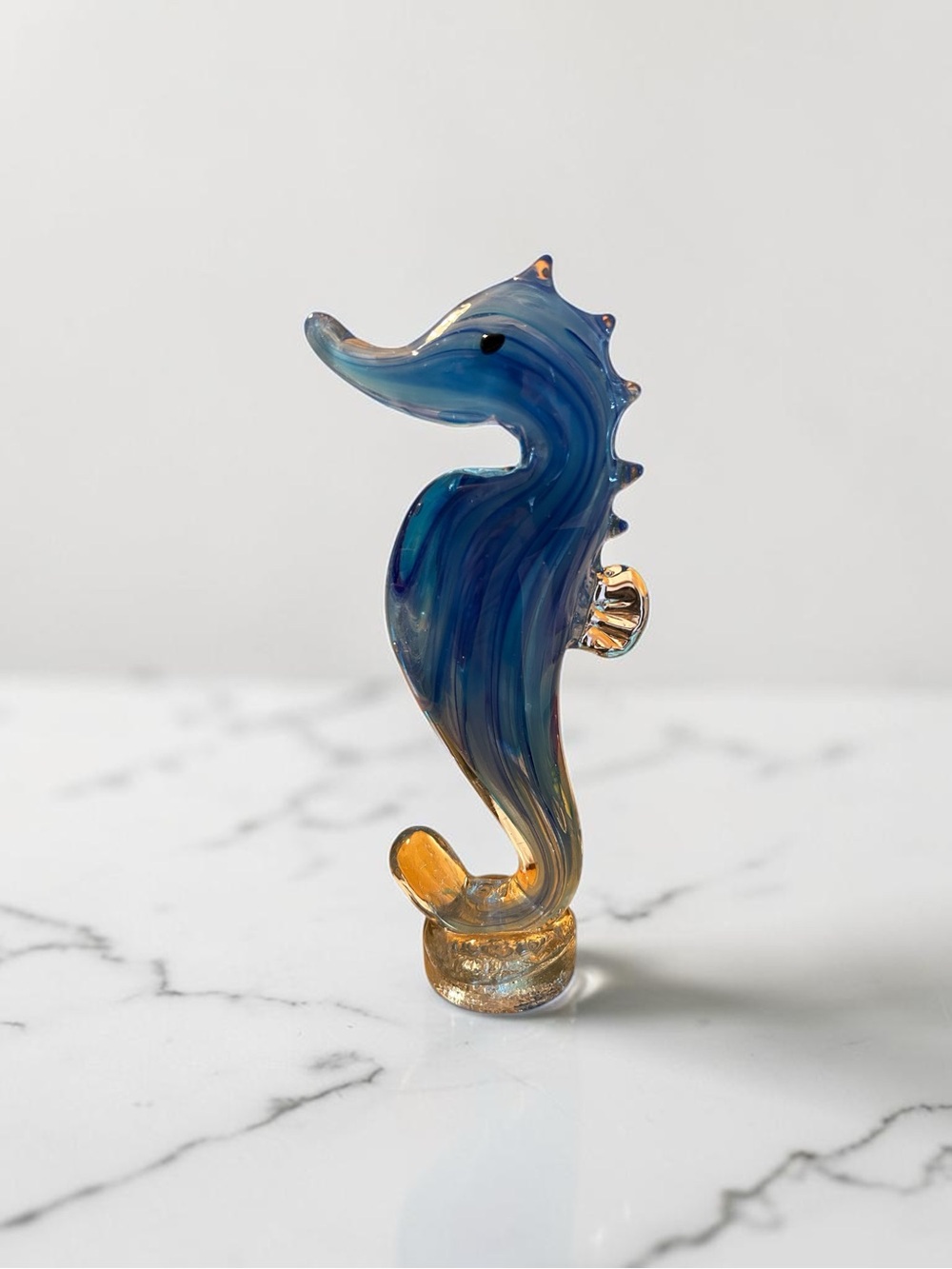 Handcrafted Art Glass 9” Seahorse Blue White Swirl Sea Life Figurine